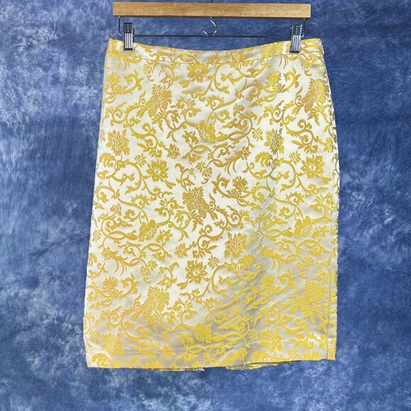 Banana Republic 100% Silk Gold Brocade Pencil Skirt Sz 8 - Picture 1 of 3